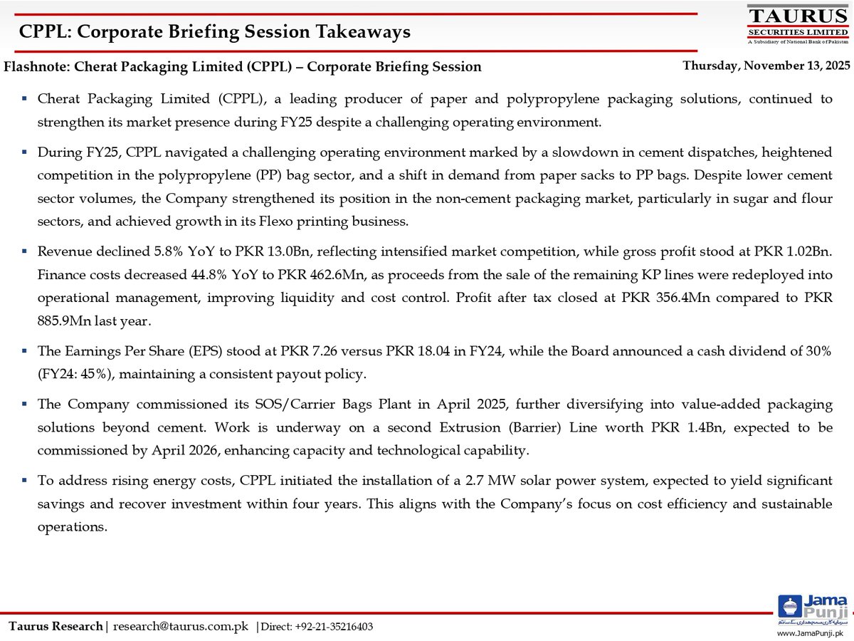 TSL_Research's tweet image. Cherat Packaging Limited (CPPL) – Corporate Briefing Session
Link shorturl.at/goPmN
#CheratPackaging #CPPL #CorporateBriefing #Session