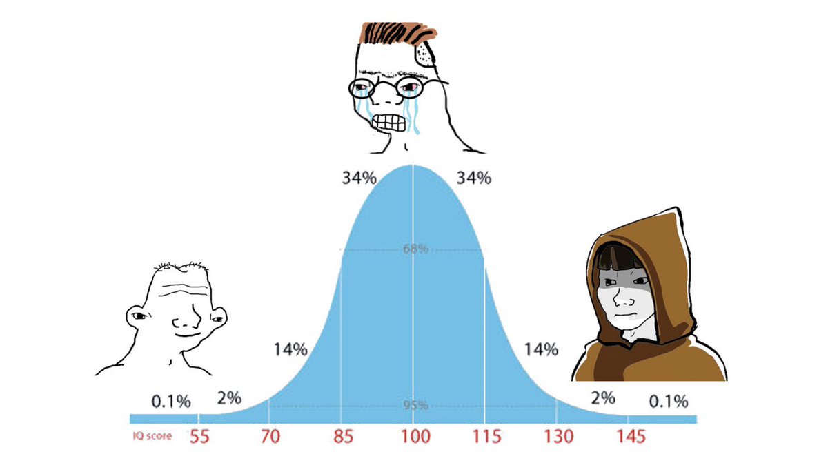 This bell curve is almost entirely true as it relates to the making money in the stock market.

The idiot on the left has conviction and is permanently long. Doesn’t really know much market mechanics or technicals but isn’t afraid to invest and buy leaps. 

The genius on the