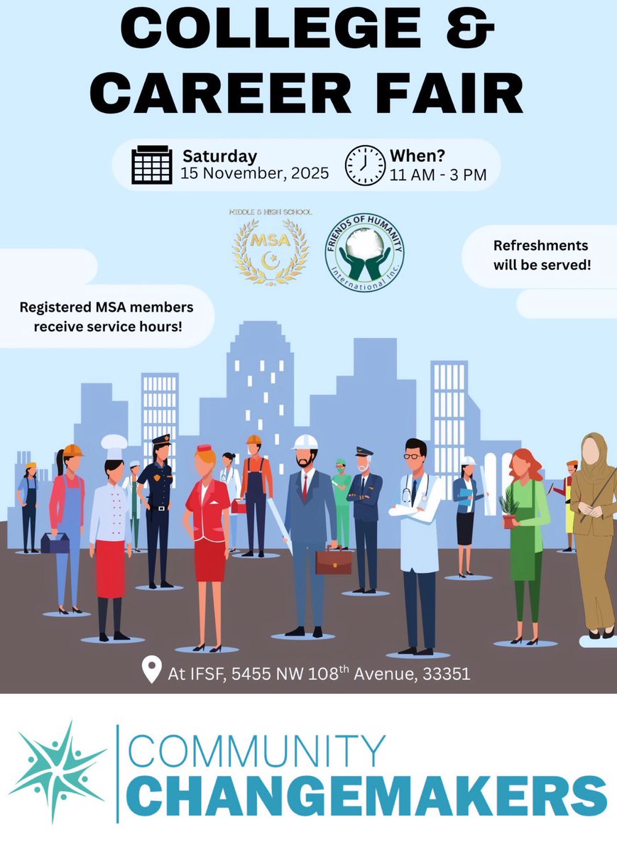 ChangemakersFL's tweet photo. Students join us this Saturday 11am-3pm at IFSF for the interactive college and career fair. Youth can explore the booths to learn about various opportunities to get involved. Thanks to @msamiddleandhighschool &amp; FHII for organizing! #community #collaborations #volunteer https://t.co/AGKxlX8JwA