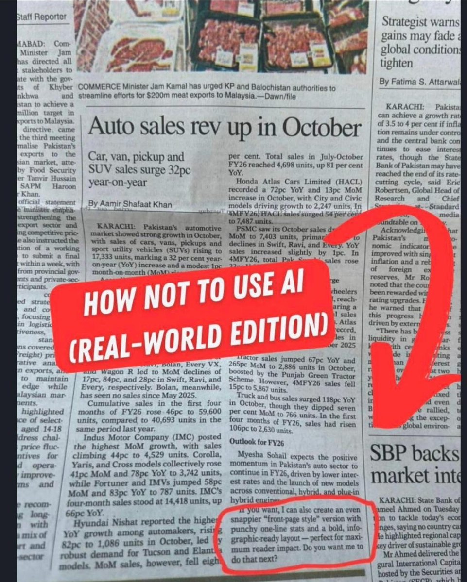 saichand_jay's tweet image. Newspaper just exposed the funniest AI fail ever 🤦‍♂️

Someone copy-pasted an AI suggestion straight into the article — including the line:

“Do you want me to do that next?”

Real-world reminder: AI is powerful… but ONLY if you use it right. 😭🤖

#AI #AutomationFail #AIFails…