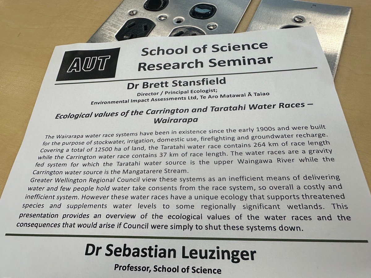 autcs's tweet image. So honoured to see my cousin and ecologist @BrettStansfield presenting today at @AUTuni on the Ecological Value of the Carrington and Taratahi Water Races. An insightful talk exploring the potential impact on the species, that may be impacted by the proposed water races shut down