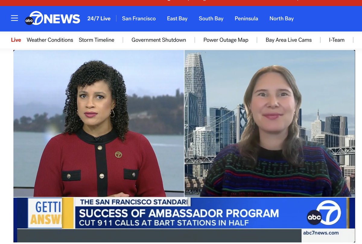 Went on <a href="/abc7newsbayarea/">ABC7 News</a> to talk about the downtown ambassador program that's cutting 911 calls at Embarcadero &amp; Montgomery BART stations in half. Read more here: sfstandard.com/2025/11/13/dow…