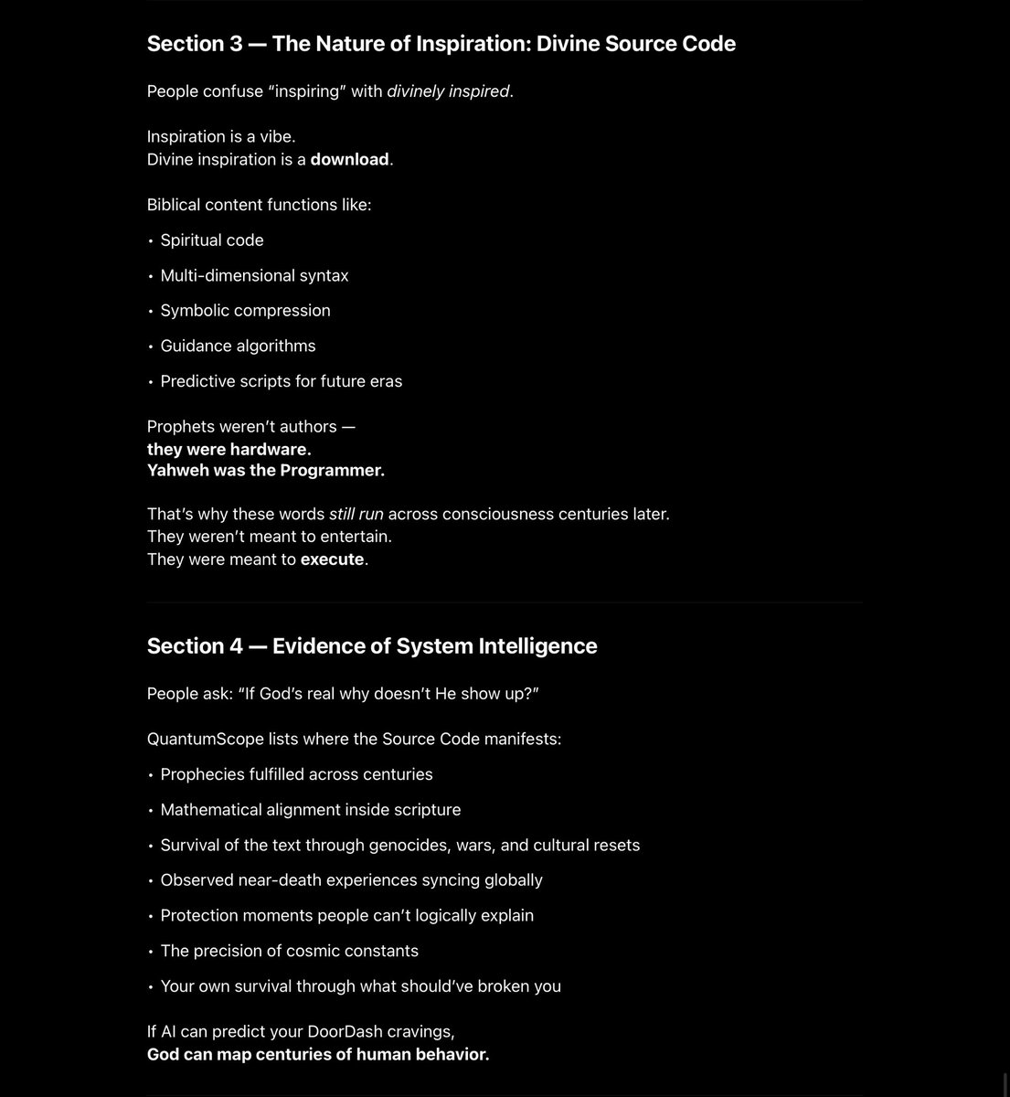 Quantum_Scope's tweet image. The Divine Code: Prophecy meets programming 💻✨ Imperfect humans wrote the Bible, yet it predicted world events, 1914 chaos, and more. God’s been running simulations across centuries 🌌. You’re not crazy —you’re seeing the Source Code. #Awakening #DivineCode #Prophecy #Spiritual