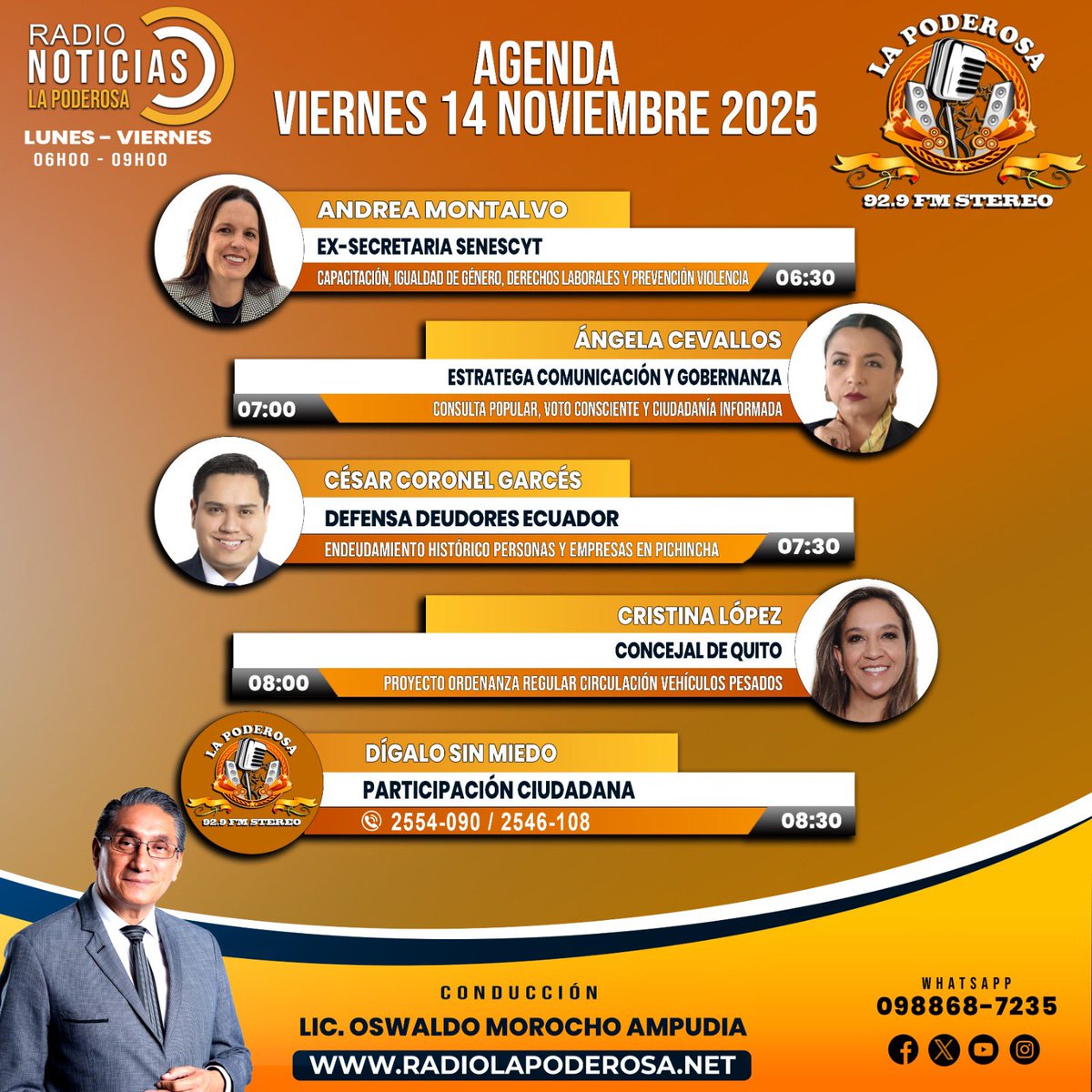 Agenda del Día
📅 Viernes 14 de Noviembre 2025
📻 92.9 FM ¡Sintonízanos en vivo!
🎥 Facebook Live
#RadioNoticias | #Noticiero | #Entrevistas 
<a href="/GaloWEnriquez1/">Galo W. Enriquez E.Mag.</a>