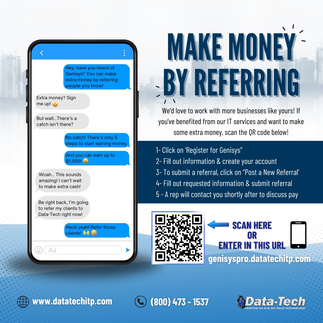DataTechTampa's tweet image. New message: You’ve got $$ waiting for you. 📲 Refer a business to Data-Tech and earn up to $1,000.

#ReferralProgram #DataTech #ITMadeEasy #BusinessGrowth