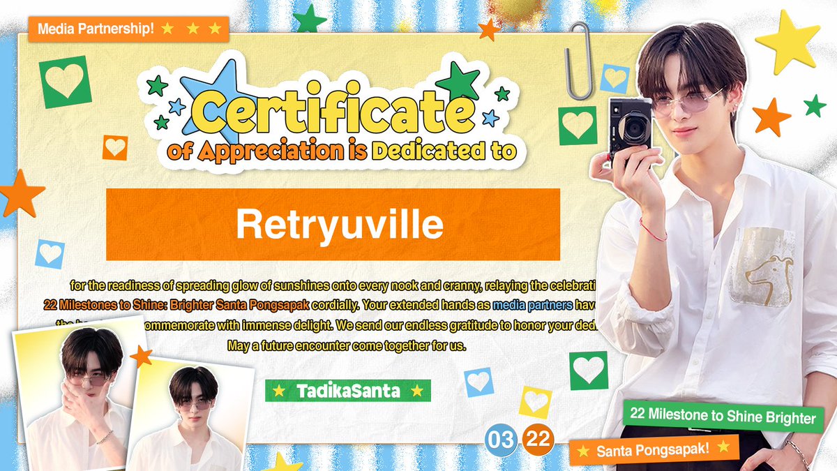 Sincere thanks to <a href="/TadikaSanta/">แซนต้า พงศภัค, 𝗧𝗮𝗱𝗶𝗸𝗮𝗦𝗮𝗻𝘁𝗮.</a> for trusting us as your media partner. We're honored to receive this certificate and truly appreciate the journey shared. May this be the start of more to come. ♥️