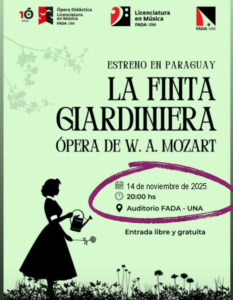 geradeventos's tweet photo. 🎭 No te pierdas "La Finta Giardiniera" de Mozart.
​Hoy, 14 de noviembre de 2025, a las 20:00 hs en el Auditorio FADA - UNA. ¡Entrada libre y gratuita!
​¡Te esperamos para disfrutar de esta magnífica ópera!

#GerAd  #paraguay #opera https://t.co/bXZGvpZW74