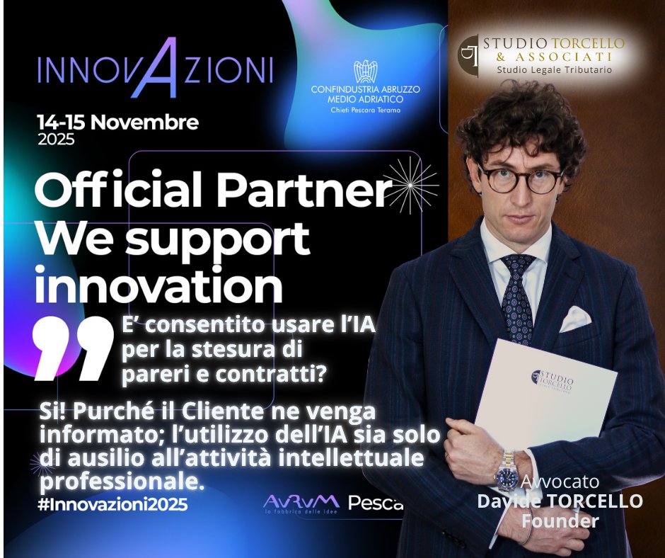 StudioTorcello's tweet photo. Domani appuntamento all'Aurum di Pescara per la 12ª edizione del Festival Nazionale dell’InnovAzione.
Il tema scelto per questa edizione è “Artificial Intelligence for Industry - Casi studio e modelli per accelerare la crescita”.
Noi saremo presenti in qualità di Silver Sponsor. https://t.co/7ETydPWMxw