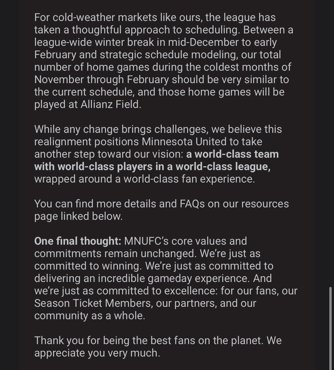 For those wondering what the #MLS calendar shift means for cold weather markets, <a href="/MNUFC/">x - Minnesota United FC</a> CEO sent this to fans mentioning "strategic schedule modeling"

"Total number of home games during coldest months...should be very similar to current schedule"