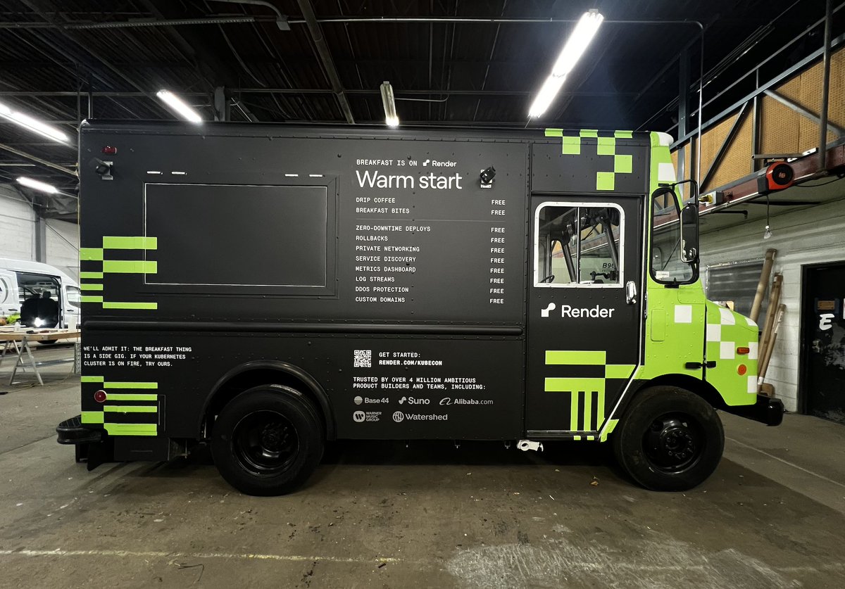 EliStaykova's tweet image. “Love your marketing&quot;
a dev, snapping a pic of the @render food truck.
Two words devs don’t usually pair: love + marketing.
But this week at #KubeCon? They did.

While most booths blurred into “cheaper, faster, better” purple sameness, we went the other way: fun, memorable, edgy