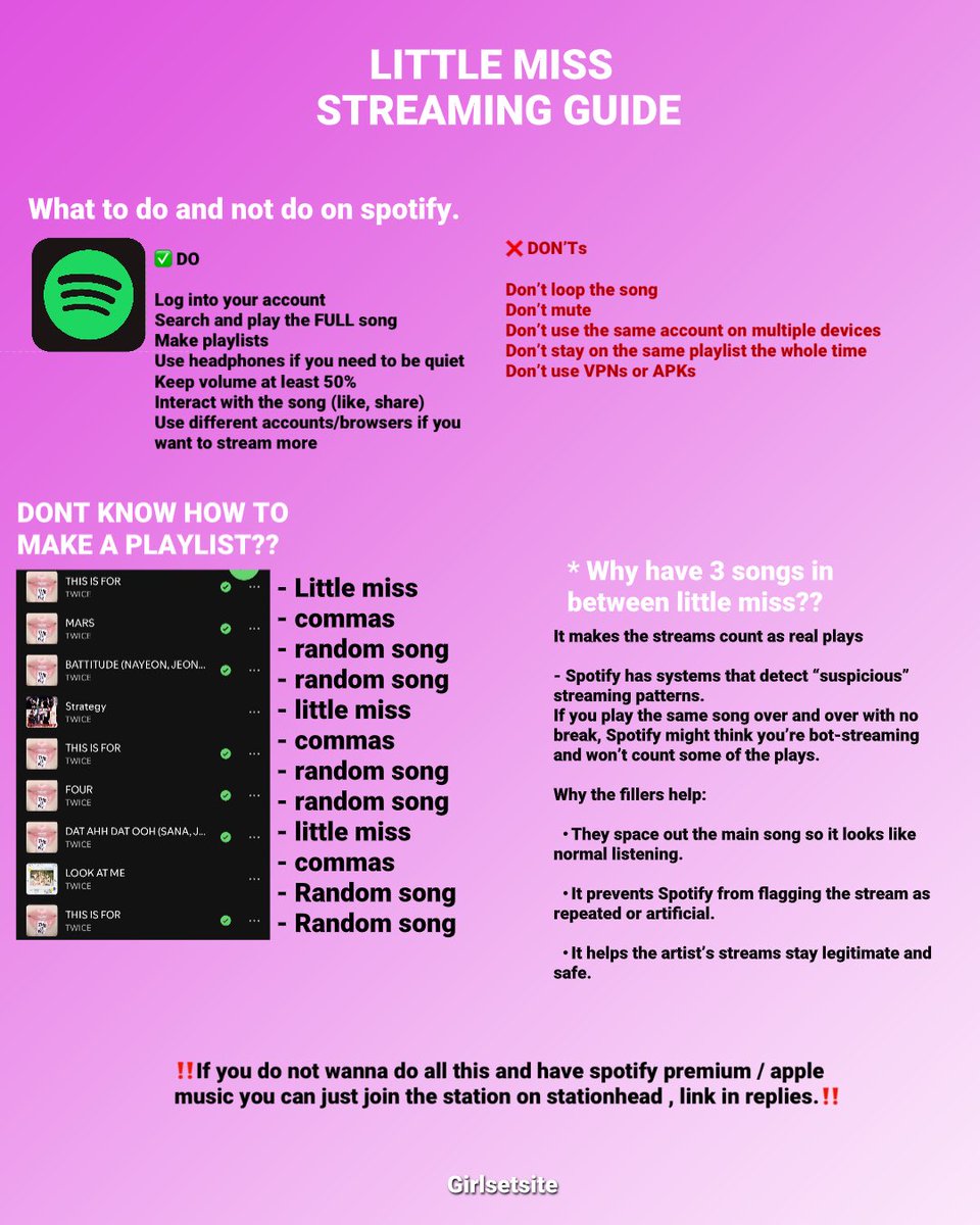 girlsetsite's tweet photo. A Spotify and youtube Streaming Guide for cupids to take note when streaming GIRLSET’s "Little miss".

Station-head: https://t.co/WYx01XeO9T https://t.co/cgLP0TooIA