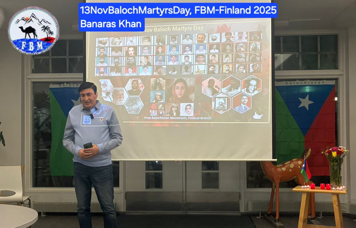 The Finland branch of the Free Balochistan Movement (FBM) held a commemorative event on 13 November to honour Baloch Martyrs’ Day and reaffirm its commitment to the struggle for a united and free Balochistan.
#13NovForOurHeroes
#LegacyOfBalochMartyrs