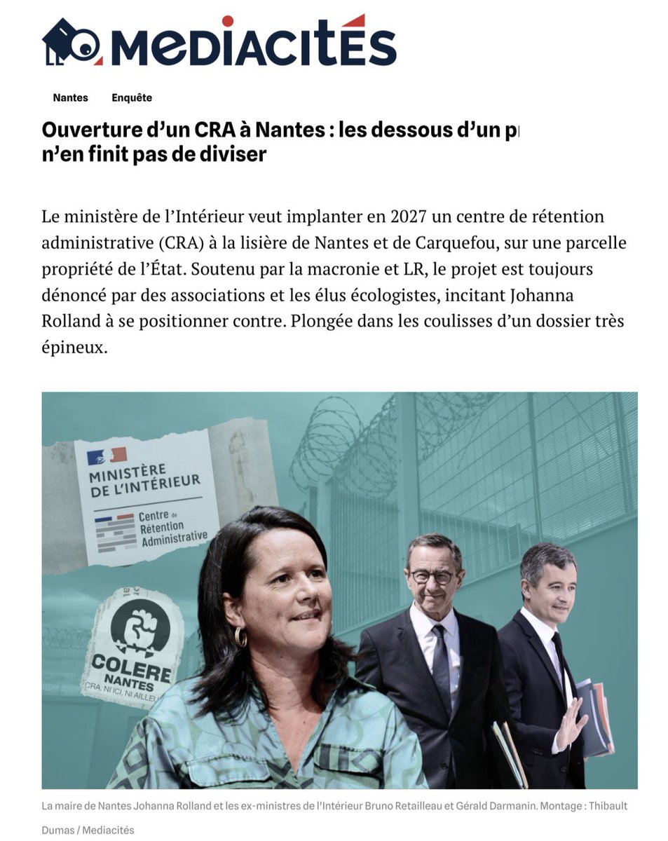 🧵 À dérouler #CRA à #Nantes : entre hypocrisies locales, renoncements et compromissions politiques. 

1/9. Le projet du CRA de Nantes est le résultat d’un deal entre Darmanin et <a href="/Johanna_Rolland/">Johanna Rolland</a>.  Ce deal entérine la rhétorique sécuritaire et raciste :  exilés = insécurité.