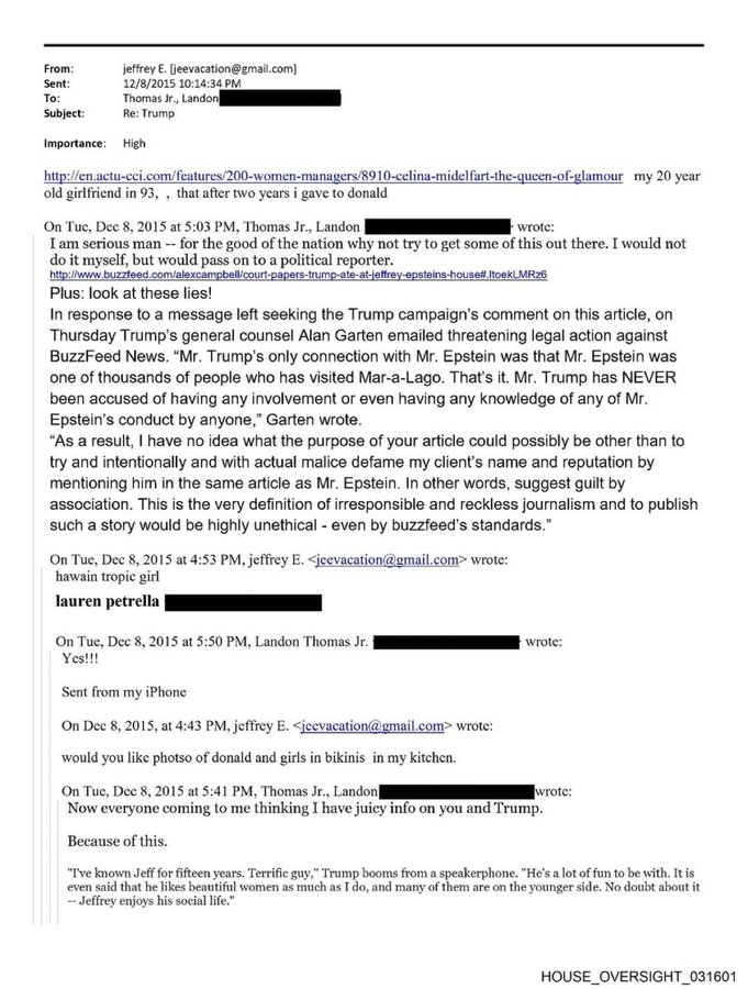 rcforusa's tweet photo. This email is *literally* Epstein trolling Landon.
TL: "Please give me dirt on Trump"
JE: "Want to see photos of Trump with girls in my kitchen?"
TL: "Yes!!!" (Remember when @SenAdamSchiff got excited thinking he was getting pics of naked Trump?)
JE: *Sends him pic of random bikini model.*
TL: "Stop messing with me. I am a serious person. Don't you want to take down Trump?"
JE: *Sends pic of Trump and old GF and claims he gave her to Trump.*