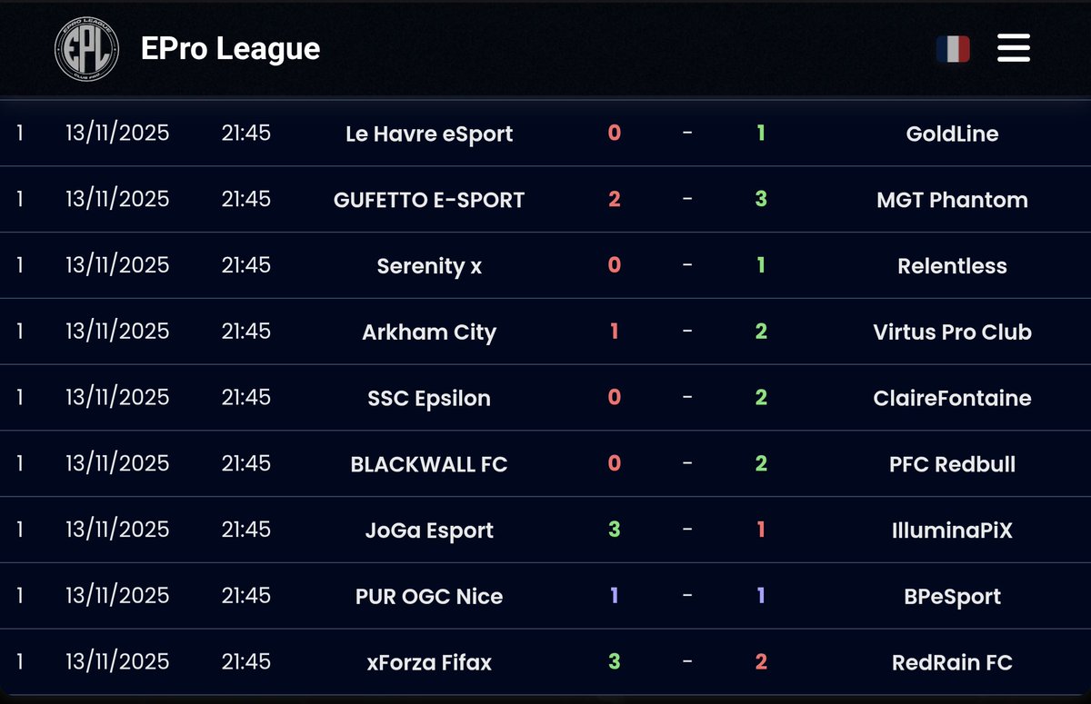 EProLeague11v11's tweet image. 🍁 Autumn Split 🍁
🏆 Coupe de France

📲 Résultats J1 / 18

@GwDavidI10I @Pioune29 @gramildinho @VoltaTVOfficiel