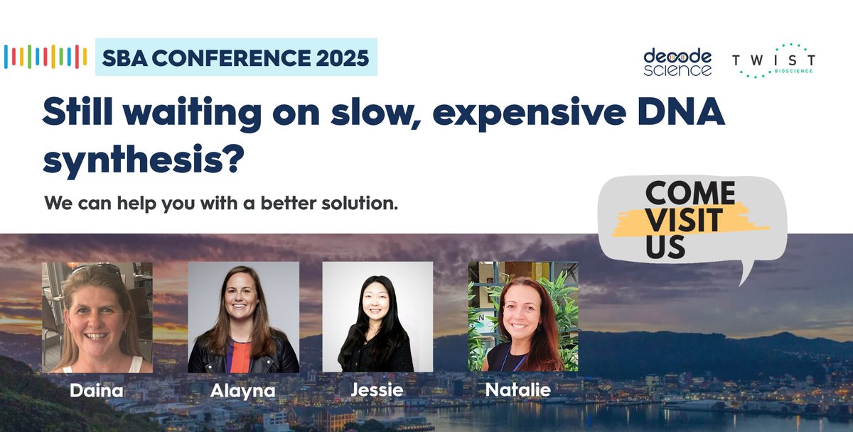 Decode_Science's tweet image. 🚀 Meet Decode Science will be at @SynBioAusAsia 2025 in Wellington, 19–21 November!

We’ll be showcasing @TwistBioscience DNA synthesis platform — from silicon‑chip DNA writing to oligo pools, synthetic genes, and DNA variant libraries.

#Genomics #SyntheticBiology #biotech