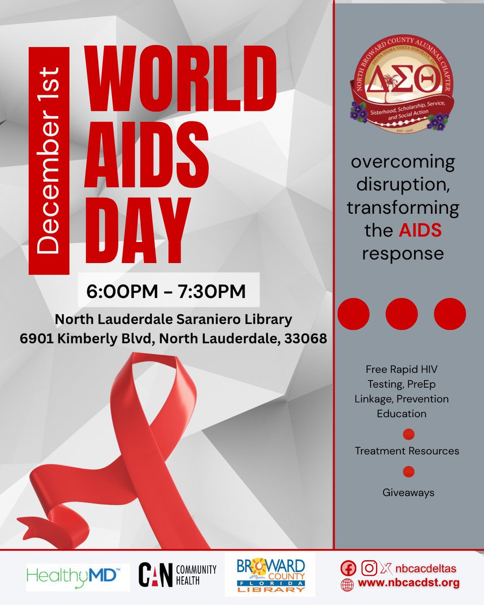 nbcacdeltas's tweet photo. Join us this Sunday, Dec 1st, for World AIDS Day.
We’re coming together to overcome disruption and transform the AIDS response with free rapid HIV testing, PrEP education, treatment resources &amp; giveaways.
📍 North Lauderdale Saraniero Library
⏰ 6:00PM–7:30PM
#WorldAIDSDay #NBCAC https://t.co/hNM8dx98Al