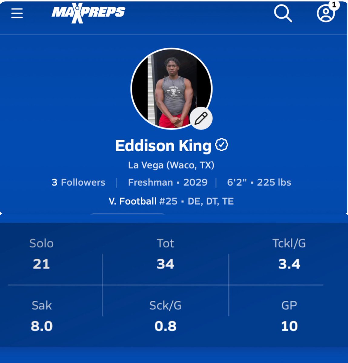 My regular season stats:

8 sacks
11 TFL’s
34 Tackles
<a href="/JermaineCarpent/">Coach Carp</a> <a href="/TEP5252/">TEP’S QB HUNTING CLUB EST. 2012</a> <a href="/samspiegs/">Sam Spiegelman</a> <a href="/GPowersScout/">Greg Powers 🏟️</a> <a href="/MikeRoach247/">Mike Roach</a> <a href="/ed_waz/">Ed Wasielewski</a> <a href="/adamgorney/">Adam Gorney</a> <a href="/DavidSmoak/">David Smoak</a> <a href="/SWiltfong_/">Steve Wiltfong</a> <a href="/MaxPreps/">MaxPreps</a>