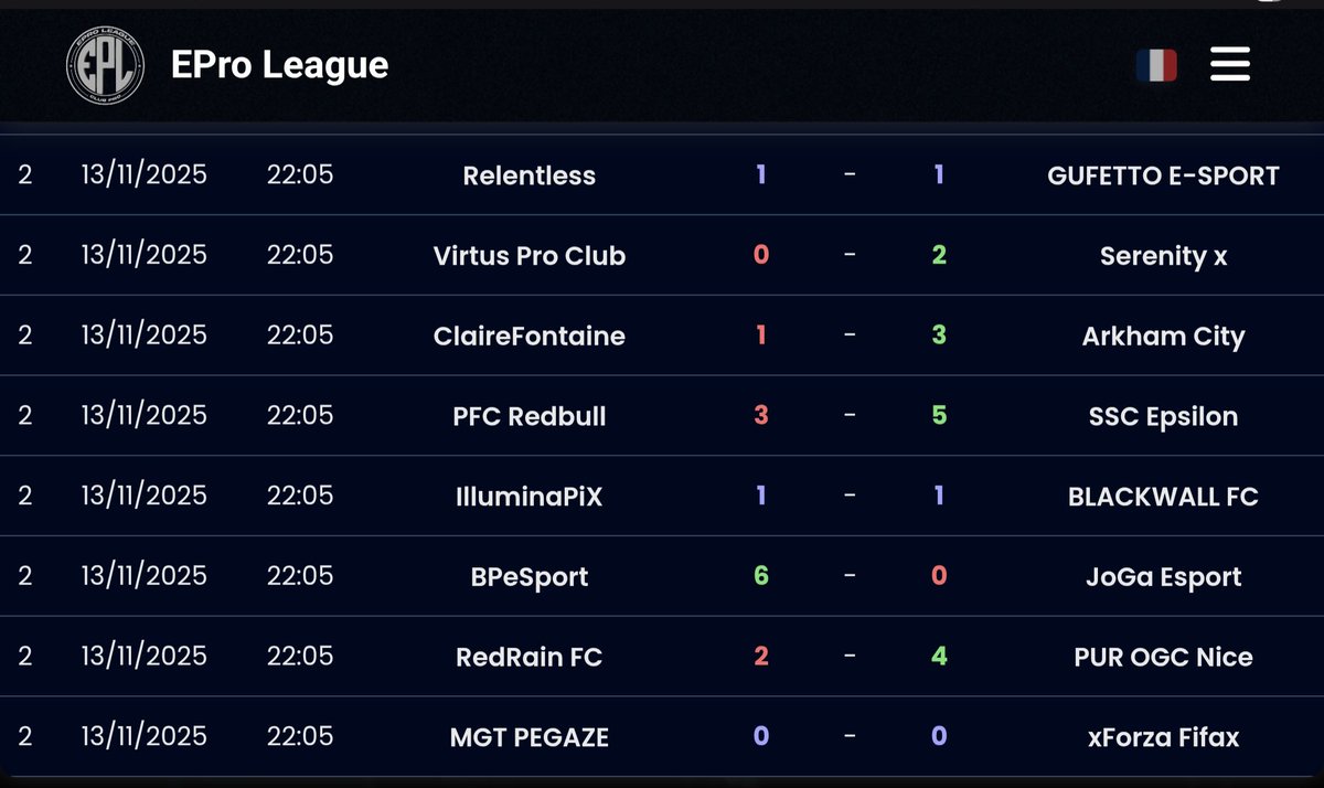EProLeague11v11's tweet image. 🍁 Autumn Split 🍁
🏆 Coupe de France

📲 Résultats J2 / 18

@GwDavidI10I @Pioune29 @gramildinho @VoltaTVOfficiel