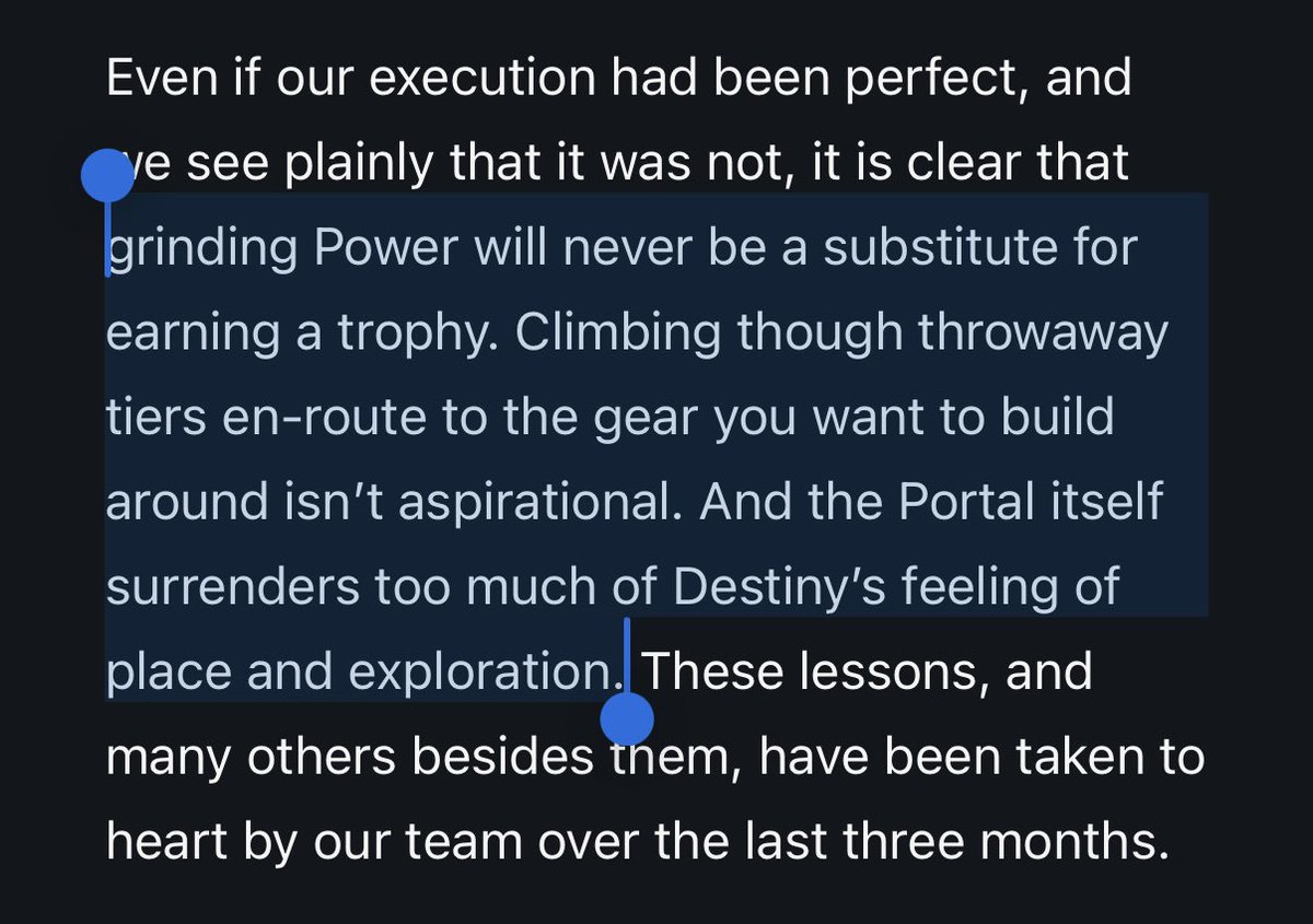 This acknowledgment is a huge step forward. 

Kudos to the team for hearing us, and being brave enough to reflect on our complaints &amp; look for ways to fix the game we all love so much.

It takes individual strength of character + brave leadership to admit mistakes like that. 🫡