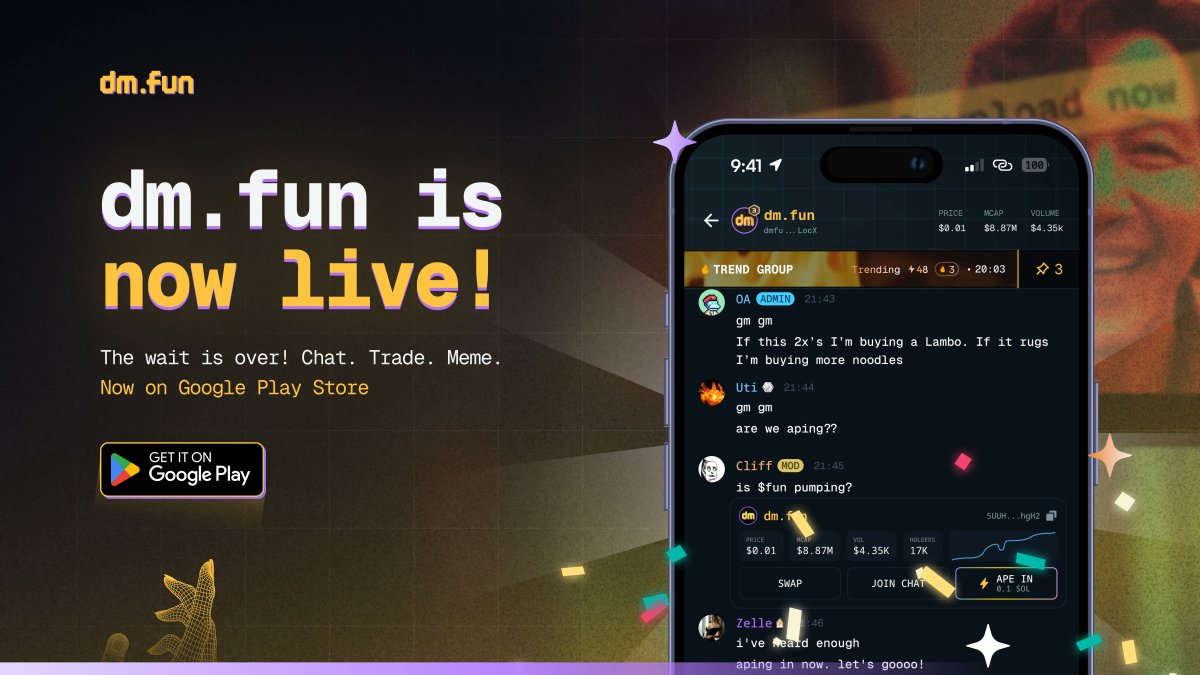 dmdotfun's tweet image. the wait is over, its time for some $fun 😈

dmfun just landed in the google play store for everyone to download

degens can finally chat, trade, &amp;amp; meme in their favorite token chats

access codes are super limited, who needs one?