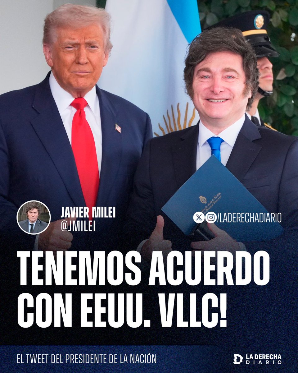 laderechadiario's tweet image. 🚨🇦🇷🇺🇸 | &quot;TENEMOS ACUERDO CON EEUU. VIVA LA LIBERTAD CARAJO!&quot;: El presidente Javier Milei festejó el &quot;Acuerdo de Comercio e Inversión Recíprocos&quot; entre Argentina y los Estados Unidos.