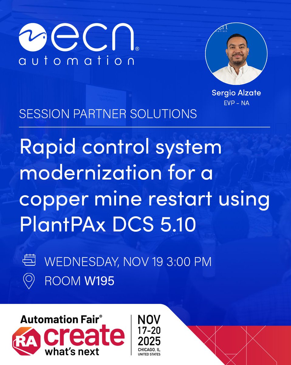 ECNautomation's tweet image. Heading to Automation Fair?
Don’t miss the Process Summit and our breakout session, led by Sergio Alzate, where we’ll share insights from a successful PlantPAx implementation in a copper mine.

Join us to learn how modern process control can drive efficiency, reliability, and…