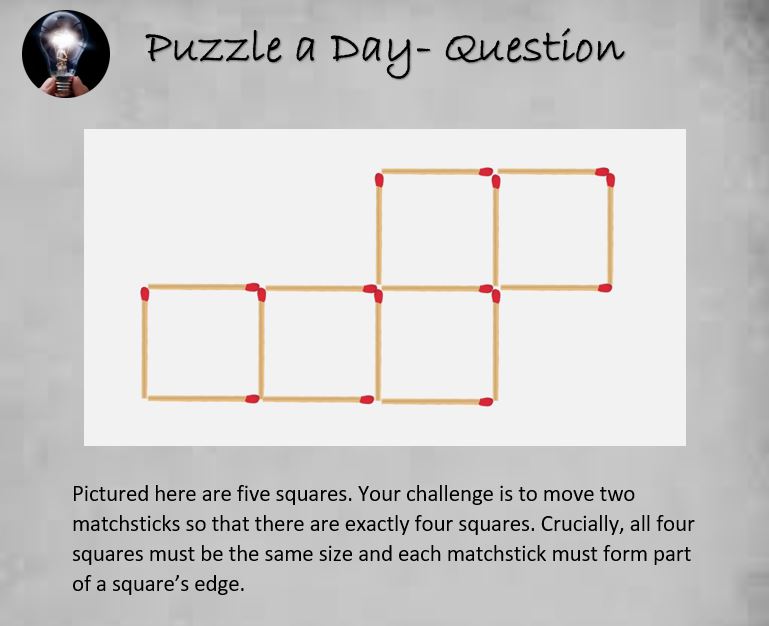 PuzzleADayBlog's tweet image. Puzzle: Turn Five Squares Into Four

#puzzle #puzzles #puzzleaday