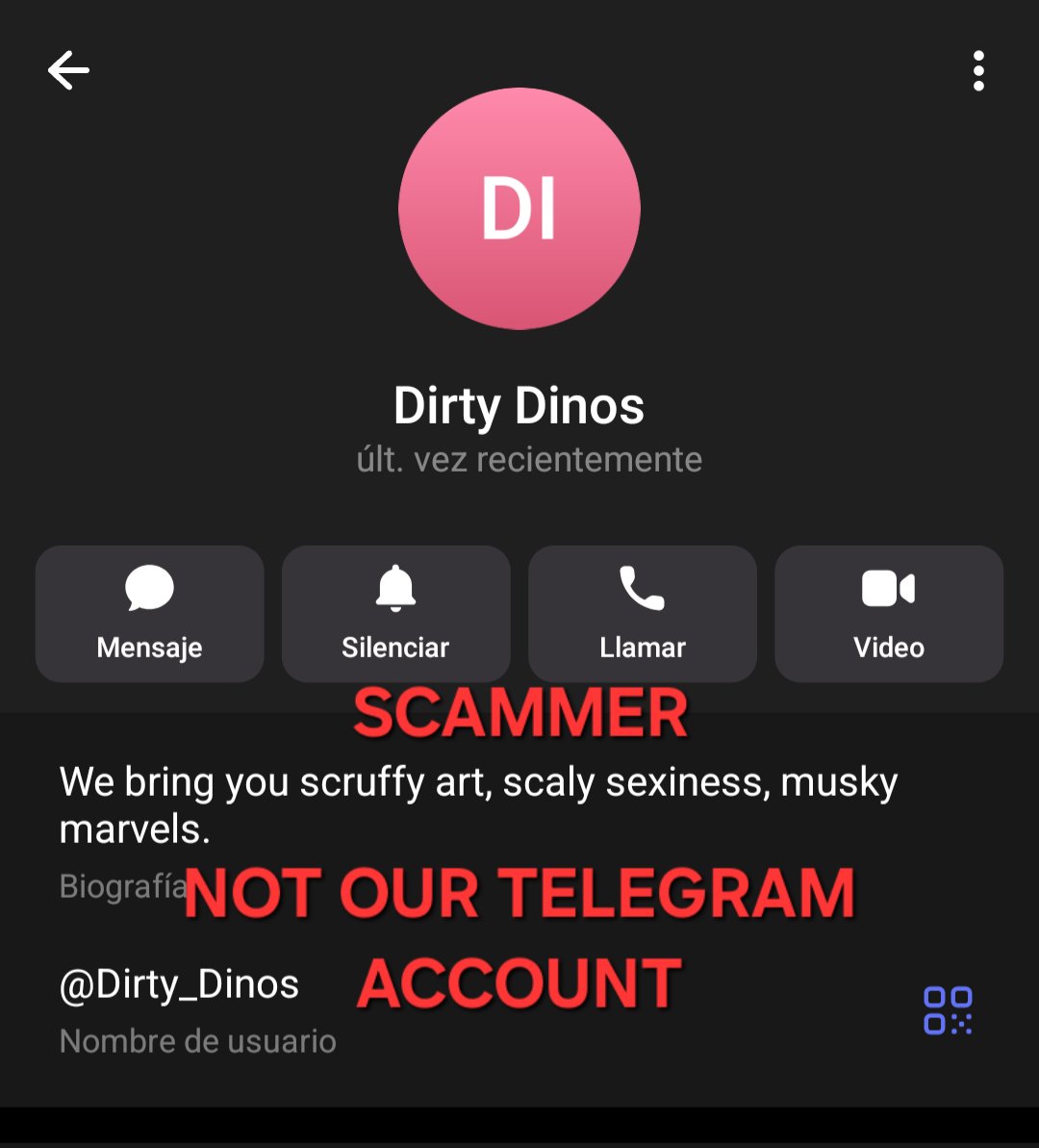 Hey people! We do NOT have a telegram account for DirtyDinos!!
Our contact info is on our Furaffinity profile, and we do not use other contact methods.
Do not send payments to suspicious accounts and always double check where and who are you sending your personal info!