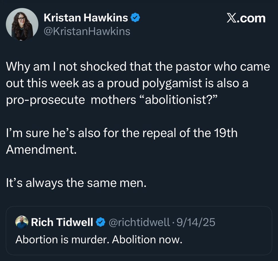 EqualProtectGA's tweet image. Rich “Two-Wife” Tidwell is not representative of Abolitionists.

Here is a link to Abolish Abortion North Carolina’s Notice of Separation from a man who held to polygyny. 

facebook.com/share/p/1A6kku…