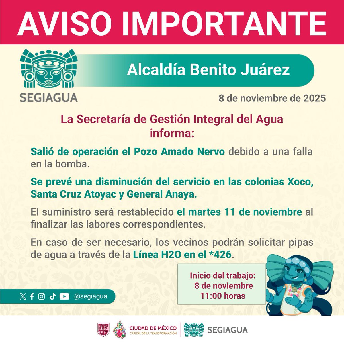 PueblodeXoco's tweet image. Hace 1 semana que @SEGIAGUA nos suspendió el suministro de agua potable, luego anunció que el pozo de Mítikah volvería a suministrar agua el martes 11 de nov 2025, es jueves 13 y seguimos sin agua. @ClaraBrugadaM @LuisMendozaBJ