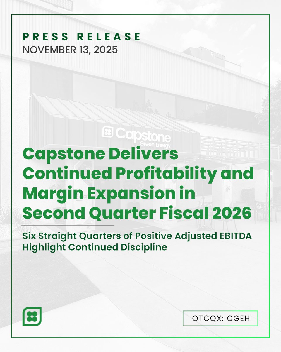 CGRNEnergy's tweet image. 📢 Capstone Green Energy Delivers Continued Profitability and Margin Expansion in Second Quarter Fiscal 2026.

#CapstoneGreenEnergy #Microturbines #EnergySolutions #InvestorRelations