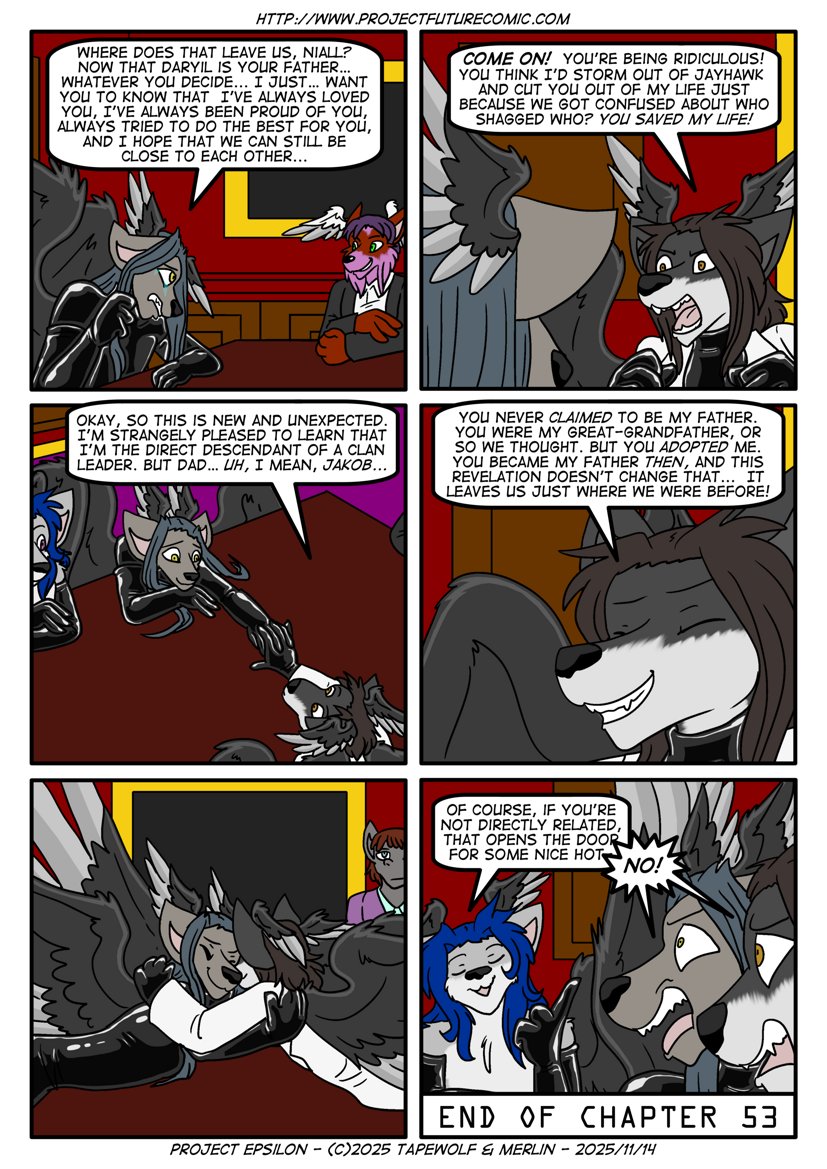 Jakob and Niall talk things out in The Epsilon Project.
#furry #comics #furryart #ProjectFuture

Previous pages are here: projectfuturecomic.com/epsilon.php?st…