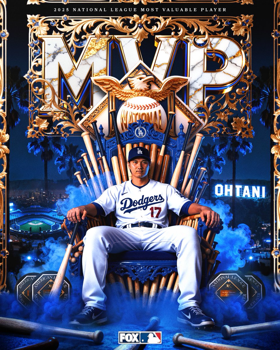 MLB_comment's tweet image. ドジャース 大谷翔平

･史上初満票で4回目のMVP👑👑👑👑
･史上初両リーグで複数回MVP
･史上2人目の3年連続MVP（バリー・ボンズ以来）
･歴代2位通算4回目のMVP（1位バリー・ボンズ7回）

MVP25年 .282 55本 打点102 OPS1.014 1勝1敗 2.87
MVP24年 .310 54本 打点130 OPS1.036 盗塁50
MVP23年 .304…
