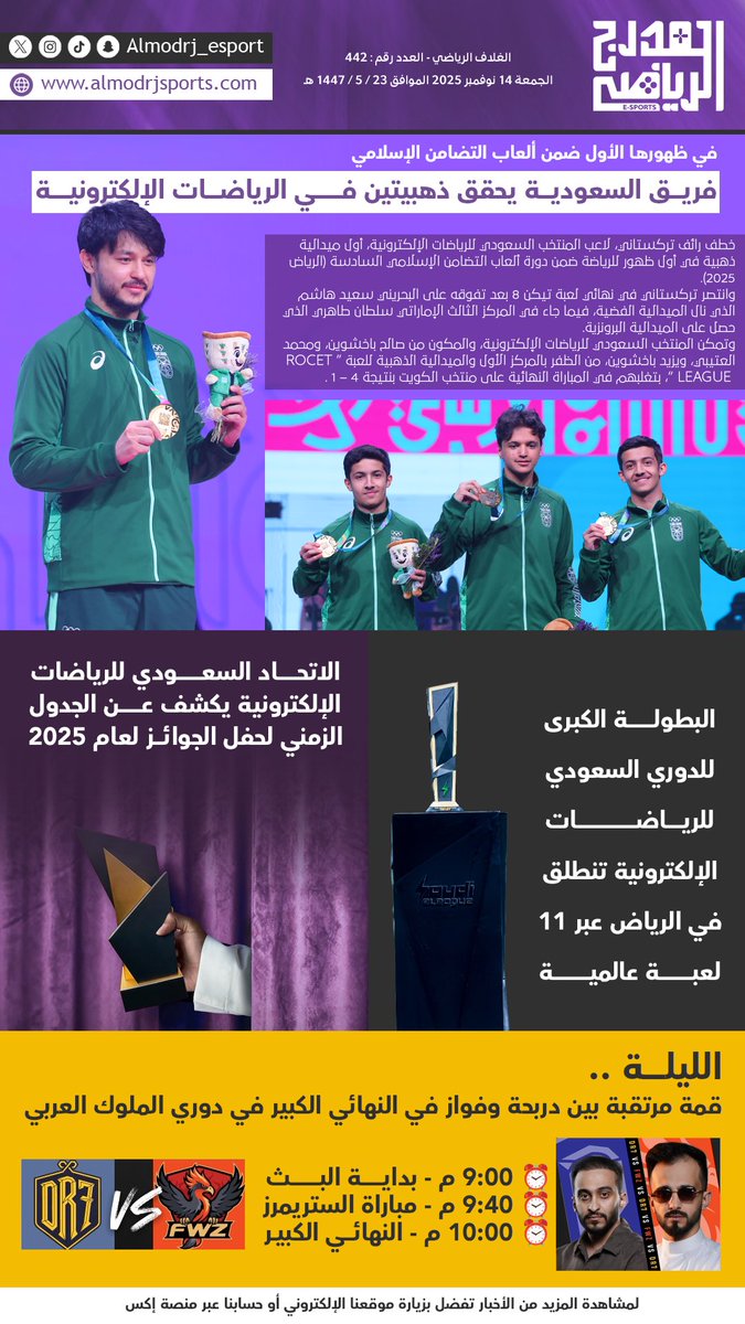#نشرة_المدرج 📰
الجمعة 14 نوفمبر 2025 

• فريق السعودية يحقق ذهبيتين 🥇🥇

• الليلة قمة مرتقبة بين دربحة و فواز ⚽️🔥

🔗 لمزيد من الاخبار : almodrjsports.com/category/espor…

#KingsLeague | #موسم_الرياض