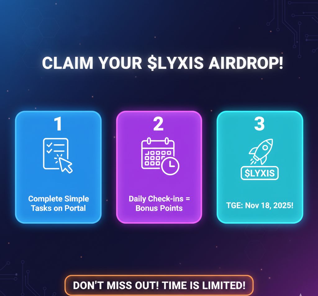 Abkwami40's tweet image. 💰 How to Get Your Free $LYXIS: @lyraxis_io

1.  simple tasks on the official portal. 

2. Daily check-ins earn bonus points. 

3. Token Generation Event (TGE) is scheduled for Nov 18, 2025! 
app.lyraxis.io/?join=abkwami4…
Don&apos;t wait until it&apos;s listed. #LyraxisAI #Airdrop #Web3