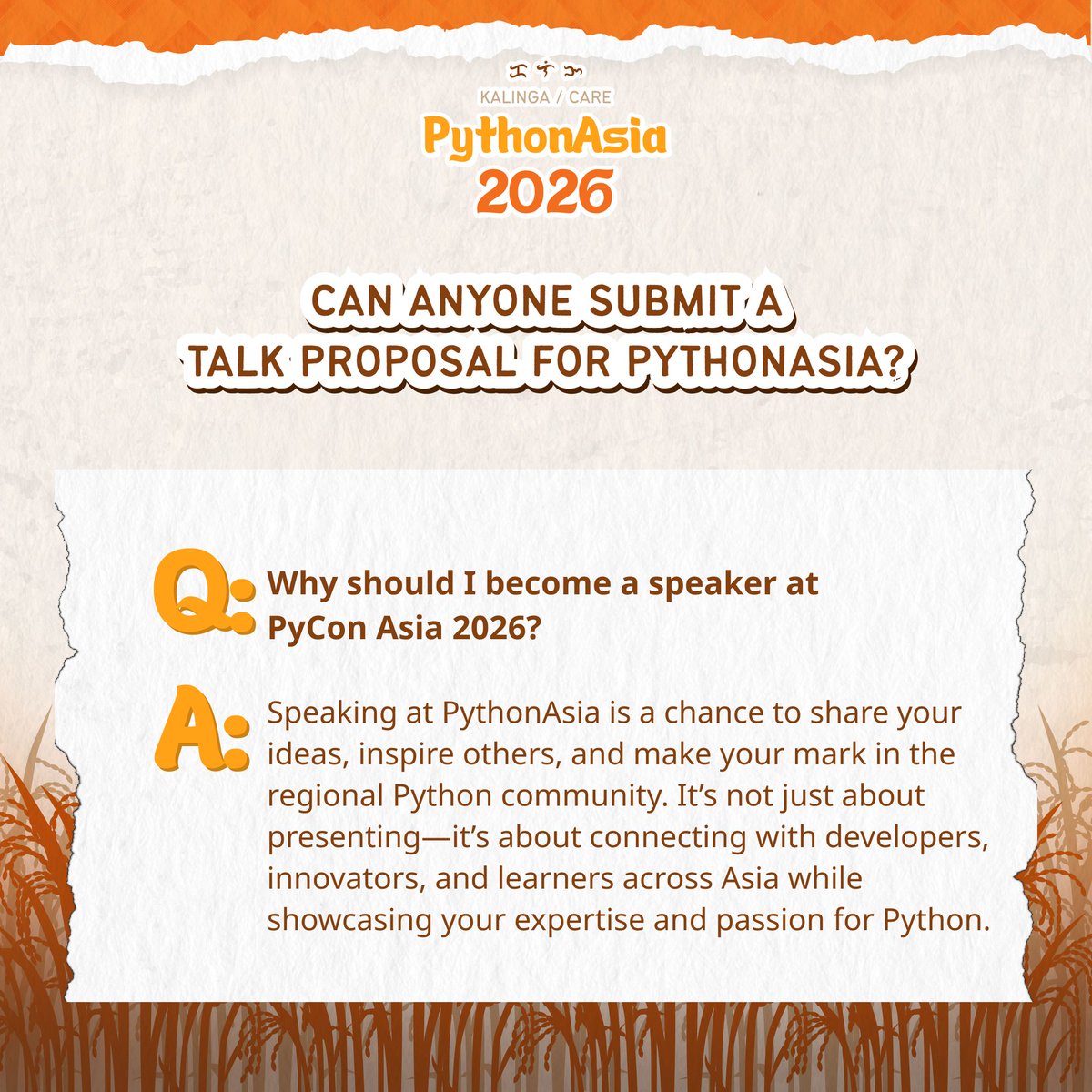 pyconph's tweet image. Got a story or idea worth sharing? Let’s help you bring it to our fellow Pythonista this PythonAsia 2026 🌏🐍

📖  Read the Speaker Q&amp;amp;A and start your speaking journey today! 💬
pretalx.com/python-asia-20…

#PythonAsia2026 #PythonPH #Pythonista #PHTechCommunity 🐍💻🌏