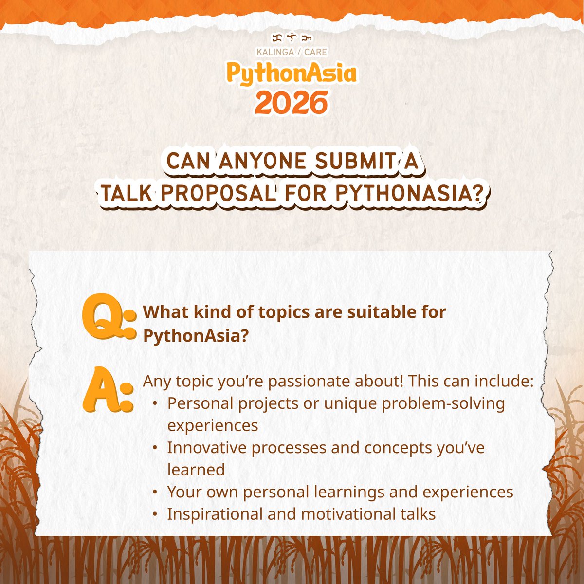 pyconph's tweet image. Got a story or idea worth sharing? Let’s help you bring it to our fellow Pythonista this PythonAsia 2026 🌏🐍

📖  Read the Speaker Q&amp;amp;A and start your speaking journey today! 💬
pretalx.com/python-asia-20…

#PythonAsia2026 #PythonPH #Pythonista #PHTechCommunity 🐍💻🌏