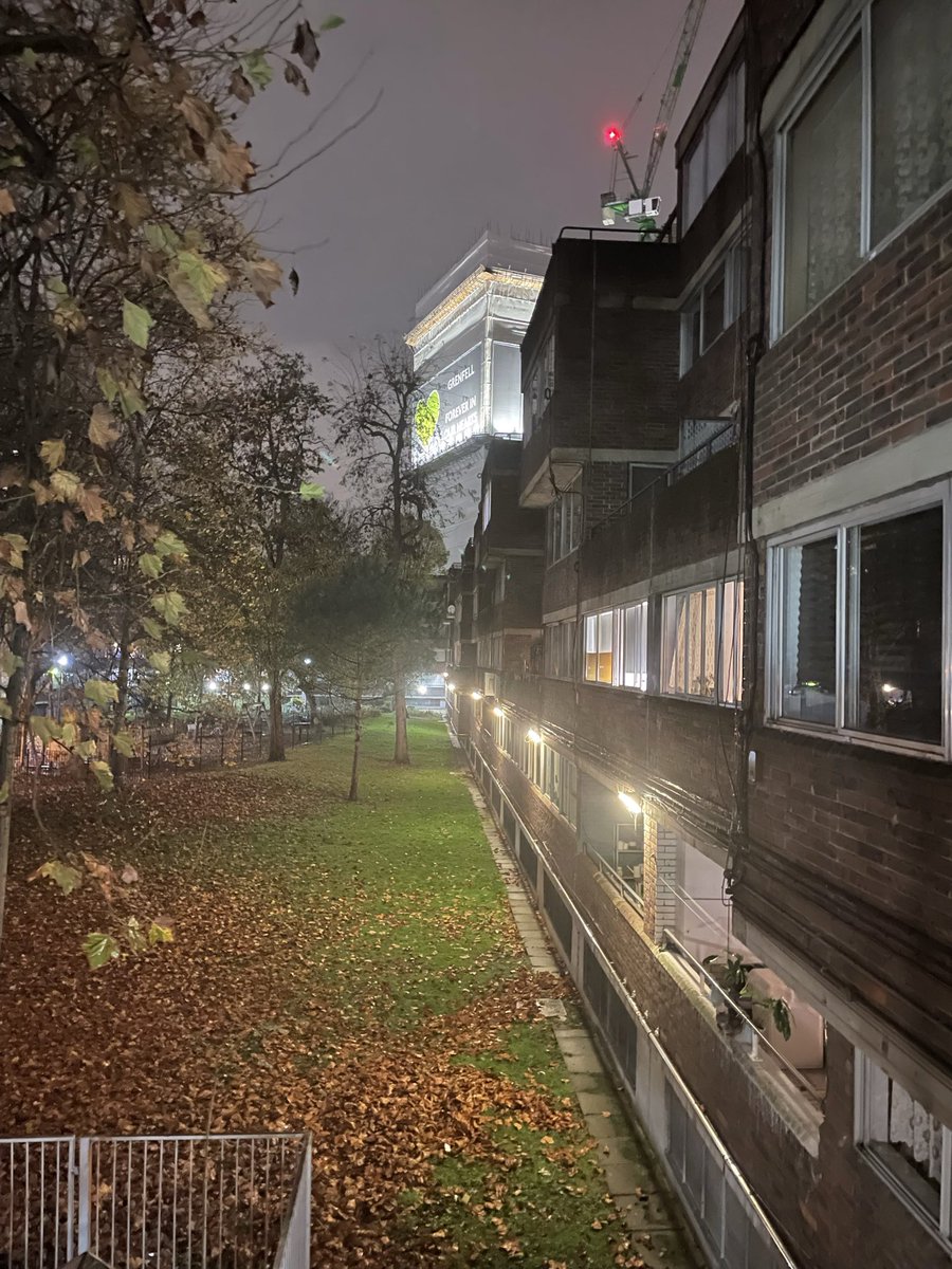 A picture of Grenfell tower tonight.  8 years 5 months. Still no one has been held accountable. Even after  the public enquiry.  RIP our family, friends &amp; neighbours..  JFT72 💚