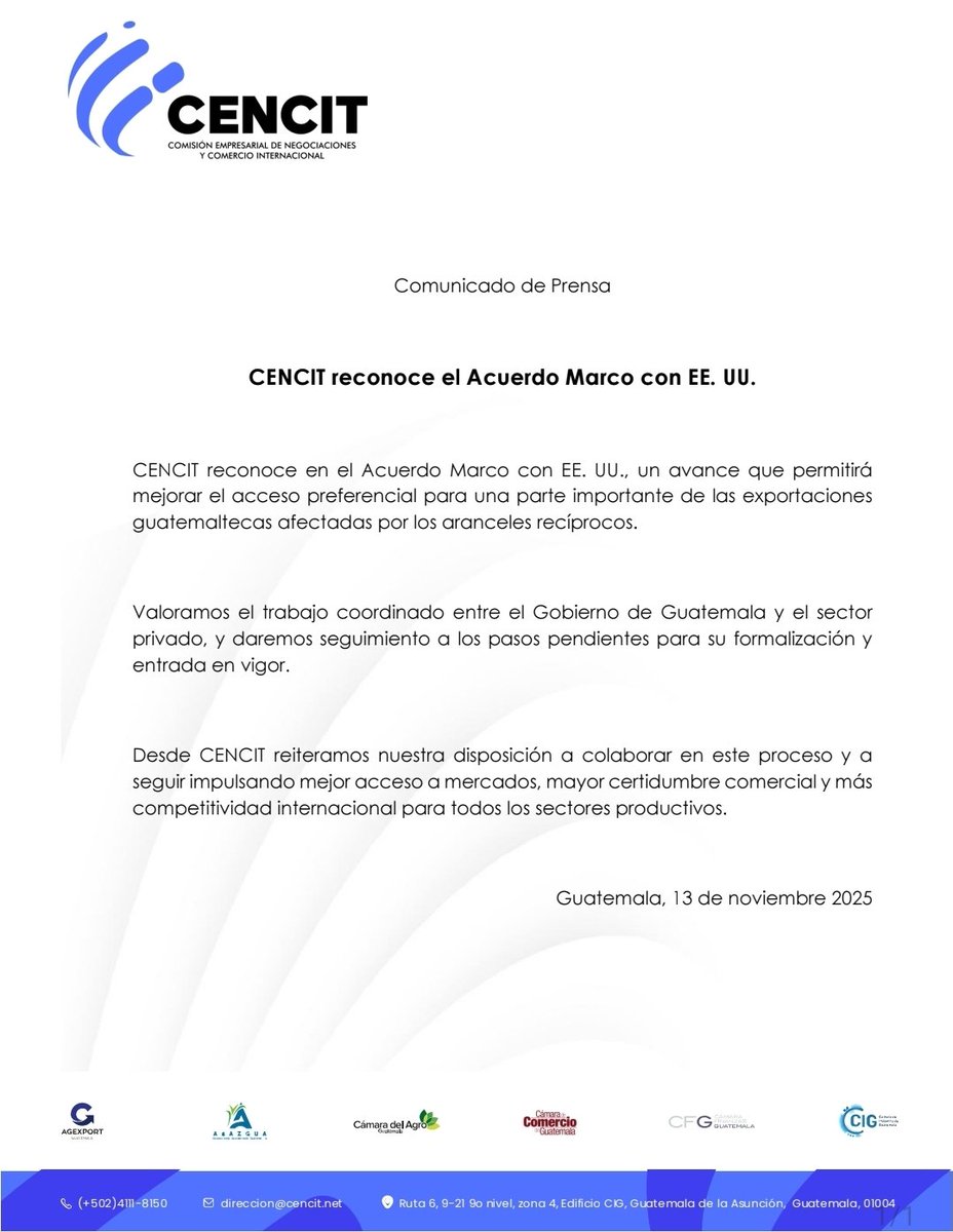 🇬🇹🤝🇺🇸 CENCIT reconoce el Acuerdo Marco con EE. UU. como un avance clave para mejorar el acceso preferencial de exportaciones guatemaltecas. Seguiremos impulsando mercados abiertos, certidumbre comercial y competitividad internacional. #ComercioRecíproco #Guatemala
