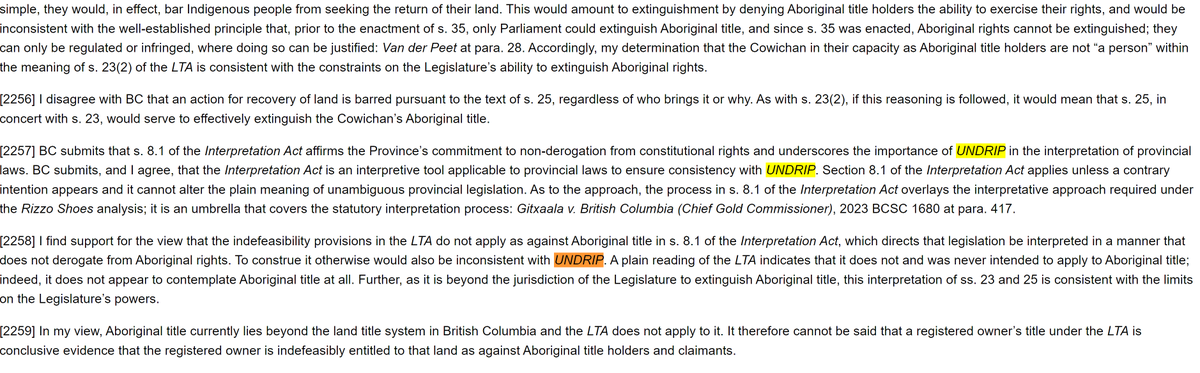 🚨MAJOR BREAKING

In the BC Cowichan decision 

Justice Young refers to the fact that Premier Eby, in 2021

CHANGED THE LAW IN BC (Interpretations Act)

to MAKE BC RESIDENTS SUBJECT TO THE U.N. LAW. (UNDRIP)

Youre so screwed here guys!