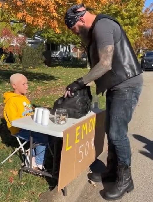 She was selling 50-cent lemonade for her cancer treatment. She had no idea the local motorcycle club had just held a meeting about her.

For 8-year-old Mia, the lemonade stand was her "job." Bald from her treatments and so weak she could barely sit up, she was determined. Her