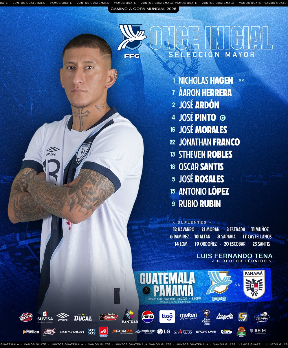 fedefut_oficial's tweet photo. EL ONCE INICIAL DE GUATEMALA 🇬🇹⚽️

🇬🇹Guatemala🆚Panamá🇵🇦
⏱️8:00pm

#VamosGuate #ModoSelección #Respeto https://t.co/RJ0QuHPO15