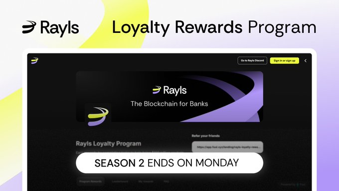 Have you complete all task on Rayls campaign <a href="/RaylsLabs/">Rayls</a>  season 2 ? Complete it as soon as possible because it will be end on monday.  
app.fuul.xyz/landing/rayls-…
Btw, how many point do you have now ?
