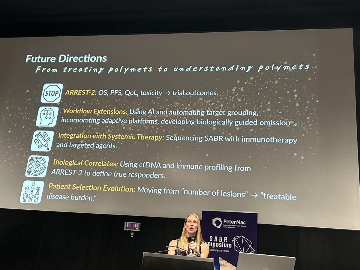 PBlanchardMD's tweet image. Tour de force talk by Melissa O Neil on polymetastatic SBRT at #SABR2025. 
Lessons learned from ARREST trials. Key principles of therapy. Is it the next #radonc frontier? Integration with biology and systemic therapy will be key as well.