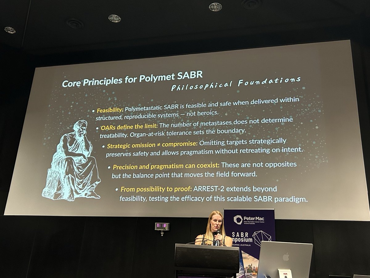 PBlanchardMD's tweet image. Tour de force talk by Melissa O Neil on polymetastatic SBRT at #SABR2025. 
Lessons learned from ARREST trials. Key principles of therapy. Is it the next #radonc frontier? Integration with biology and systemic therapy will be key as well.