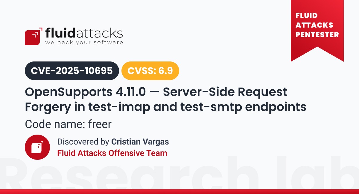 fluidattacks's tweet image. Fluid Attacks&apos; research team found a zero-day vulnerability in OpenSupports. As a #CNA, we assigned the ID CVE-2025-10695. Details here: 🔗 fluidattacks.com/advisories/fre…. We have disclosed 207 #CVE to this date: 🔗fluidattacks.com/advisories/.