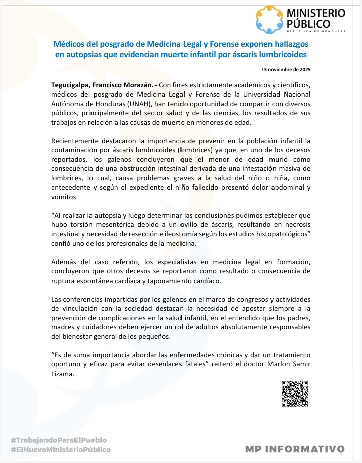 MP_Honduras's tweet photo. Médicos del posgrado de Medicina Legal y Forense exponen hallazgos en autopsias que evidencian muerte infantil por áscaris lumbricoides https://t.co/XfVbJNr8UC https://t.co/vgVgjqks9Z