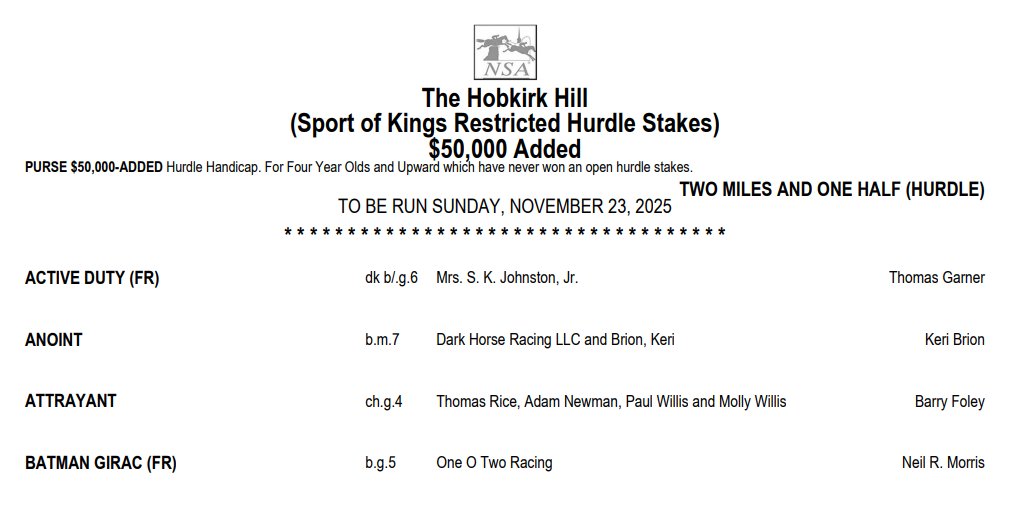 Pick4win's tweet image. Closing Day of the 2025 NSA Season ~ 18 noms for The Hobkirk Hill
#Anoint🇺🇸 #KBRacing