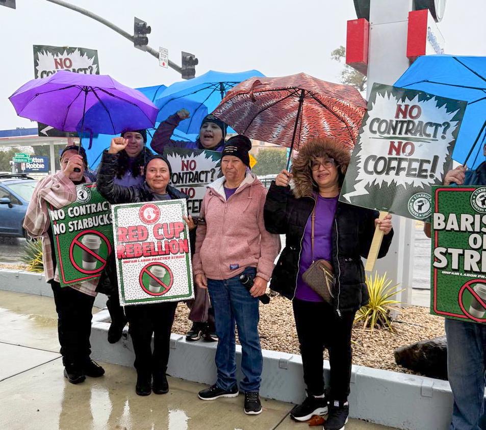 SEIU's tweet image. Today’s strike isn’t just about Starbucks. It’s about a broken system where billionaires &amp;amp; CEOs keep getting richer while the politicians they bankroll gut our wages, healthcare &amp;amp; rights. 

Baristas are fighting for a fair contract and for a more just society. #NoContractNoCoffee